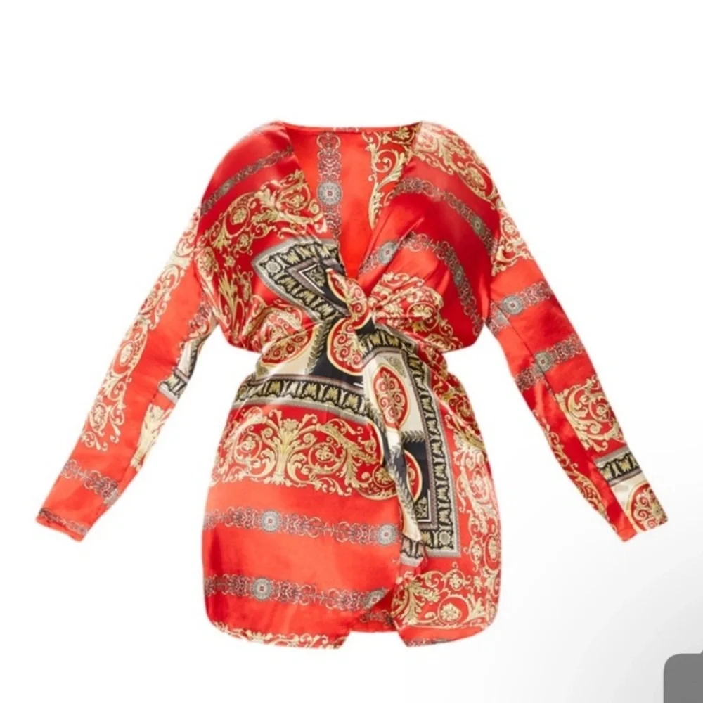 PrettyLittleThing Red Baroque Print Long Sleeve Wrap Dress - Picture 1 of 5